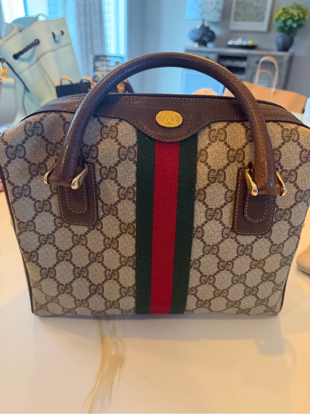 Gucci Beige Monogram Satchel with Green-Red Web Stripe